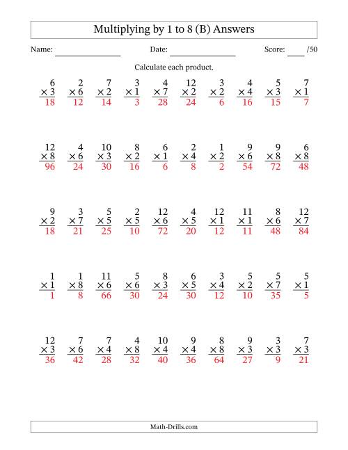 The Multiplying (1 to 12) by 1 to 8 (50 Questions) (B) Math Worksheet Page 2