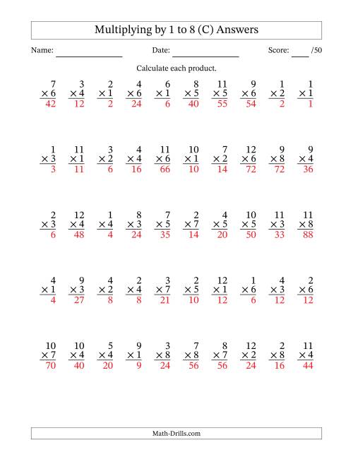 The Multiplying (1 to 12) by 1 to 8 (50 Questions) (C) Math Worksheet Page 2