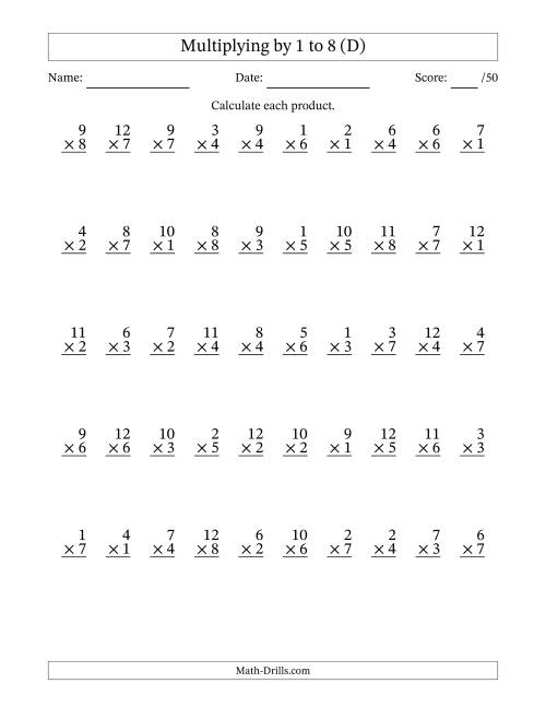 The Multiplying (1 to 12) by 1 to 8 (50 Questions) (D) Math Worksheet