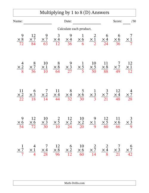 The Multiplying (1 to 12) by 1 to 8 (50 Questions) (D) Math Worksheet Page 2