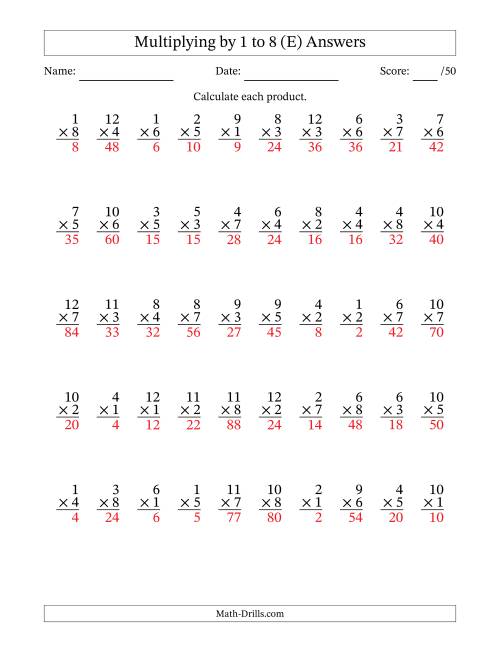 The Multiplying (1 to 12) by 1 to 8 (50 Questions) (E) Math Worksheet Page 2