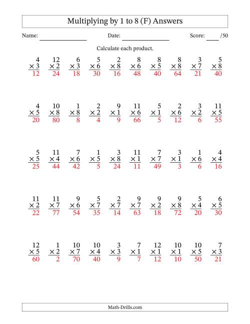 The Multiplying (1 to 12) by 1 to 8 (50 Questions) (F) Math Worksheet Page 2