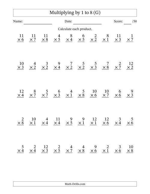 The Multiplying (1 to 12) by 1 to 8 (50 Questions) (G) Math Worksheet