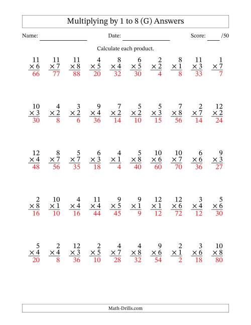 The Multiplying (1 to 12) by 1 to 8 (50 Questions) (G) Math Worksheet Page 2