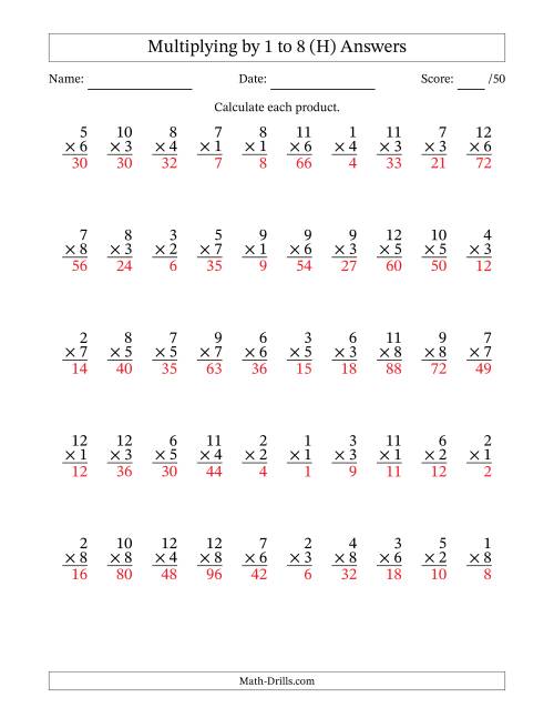 The Multiplying (1 to 12) by 1 to 8 (50 Questions) (H) Math Worksheet Page 2