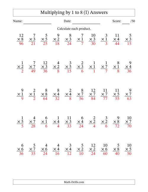The Multiplying (1 to 12) by 1 to 8 (50 Questions) (I) Math Worksheet Page 2
