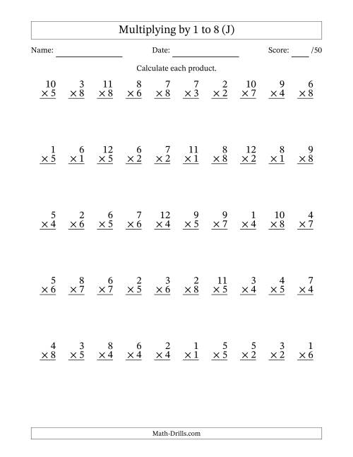The Multiplying (1 to 12) by 1 to 8 (50 Questions) (J) Math Worksheet