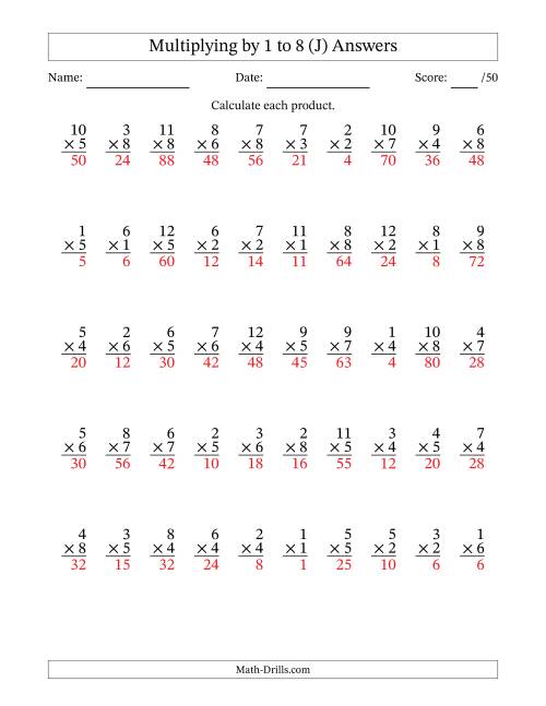 The Multiplying (1 to 12) by 1 to 8 (50 Questions) (J) Math Worksheet Page 2