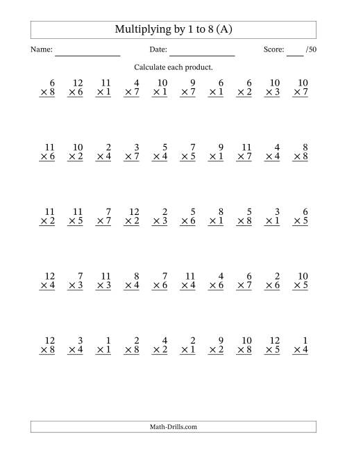 The Multiplying (1 to 12) by 1 to 8 (50 Questions) (All) Math Worksheet