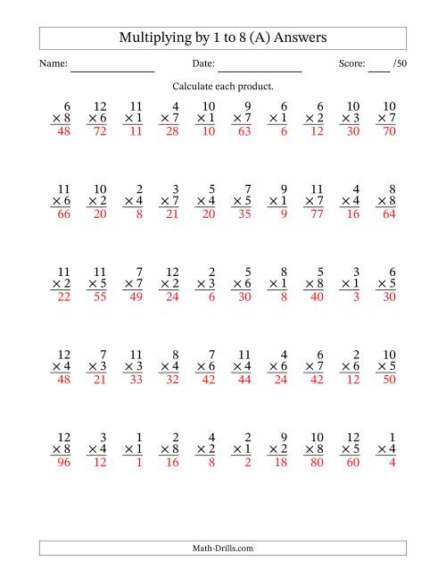 The Multiplying (1 to 12) by 1 to 8 (50 Questions) (All) Math Worksheet Page 2