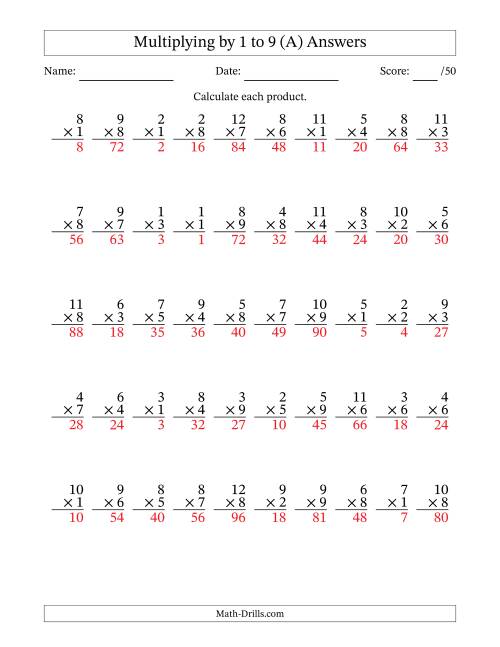 The Multiplying (1 to 12) by 1 to 9 (50 Questions) (A) Math Worksheet Page 2