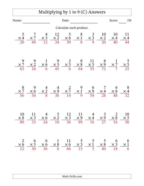 The Multiplying (1 to 12) by 1 to 9 (50 Questions) (C) Math Worksheet Page 2