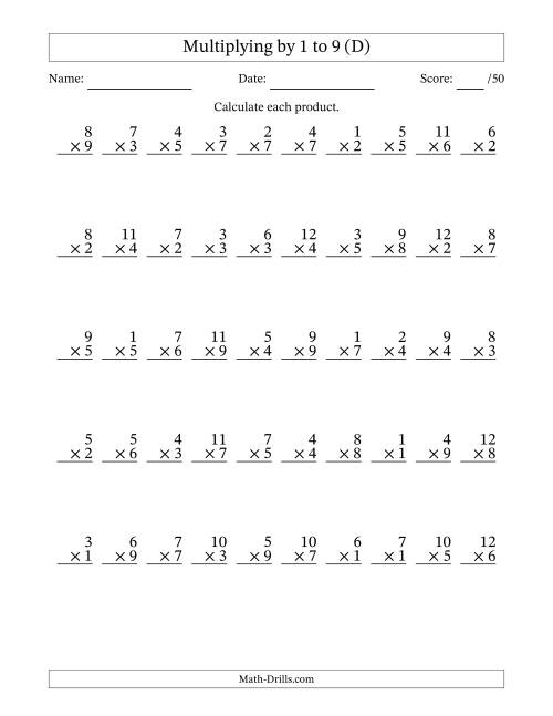The Multiplying (1 to 12) by 1 to 9 (50 Questions) (D) Math Worksheet