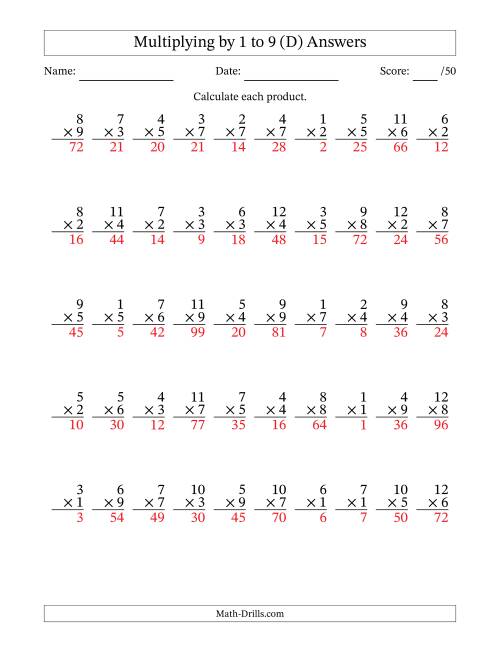 The Multiplying (1 to 12) by 1 to 9 (50 Questions) (D) Math Worksheet Page 2