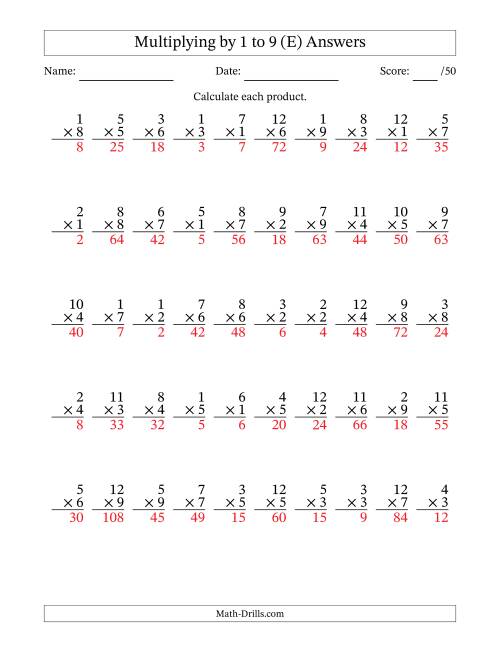 The Multiplying (1 to 12) by 1 to 9 (50 Questions) (E) Math Worksheet Page 2