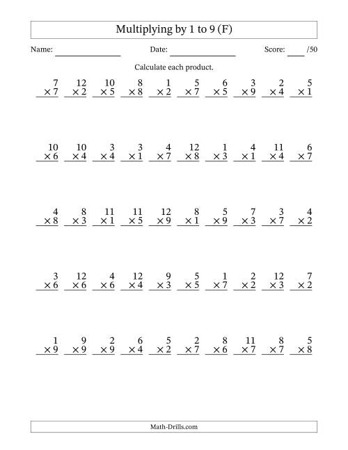 The Multiplying (1 to 12) by 1 to 9 (50 Questions) (F) Math Worksheet