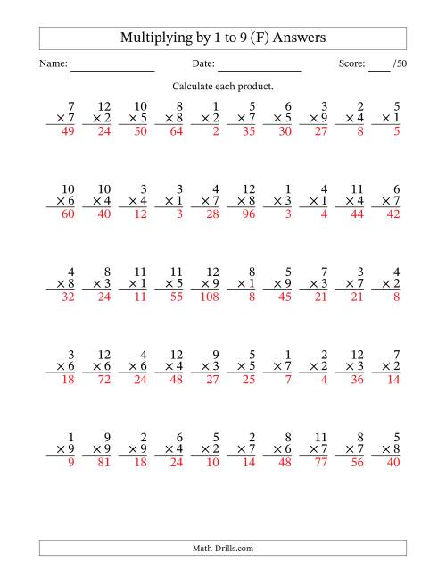 The Multiplying (1 to 12) by 1 to 9 (50 Questions) (F) Math Worksheet Page 2