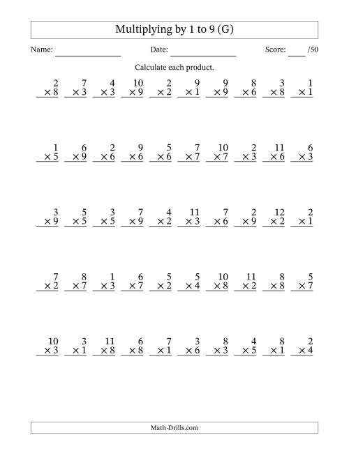 The Multiplying (1 to 12) by 1 to 9 (50 Questions) (G) Math Worksheet
