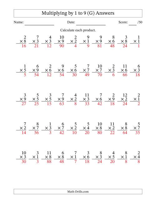 The Multiplying (1 to 12) by 1 to 9 (50 Questions) (G) Math Worksheet Page 2