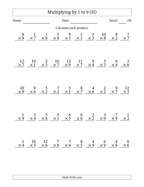 The Multiplying (1 to 12) by 1 to 9 (50 Questions) (H) Math Worksheet