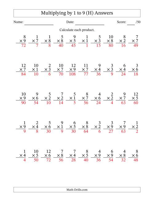 The Multiplying (1 to 12) by 1 to 9 (50 Questions) (H) Math Worksheet Page 2
