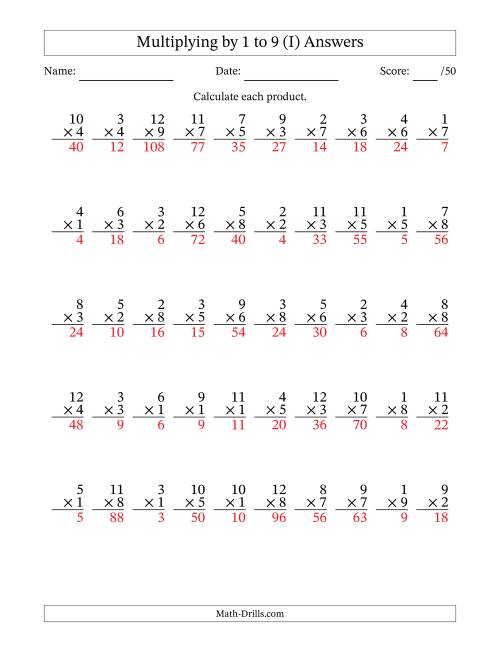 The Multiplying (1 to 12) by 1 to 9 (50 Questions) (I) Math Worksheet Page 2