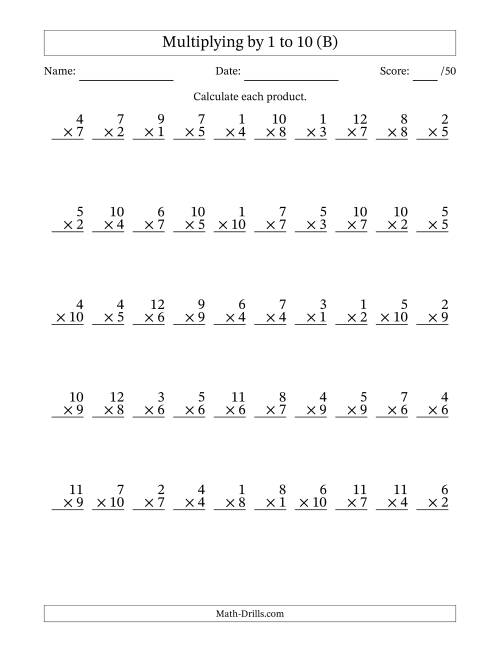The Multiplying (1 to 12) by 1 to 10 (50 Questions) (B) Math Worksheet