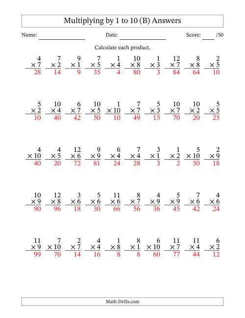 The Multiplying (1 to 12) by 1 to 10 (50 Questions) (B) Math Worksheet Page 2