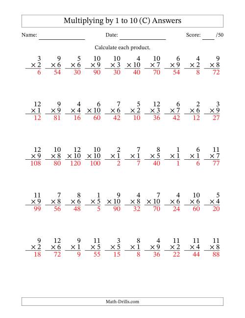 The Multiplying (1 to 12) by 1 to 10 (50 Questions) (C) Math Worksheet Page 2