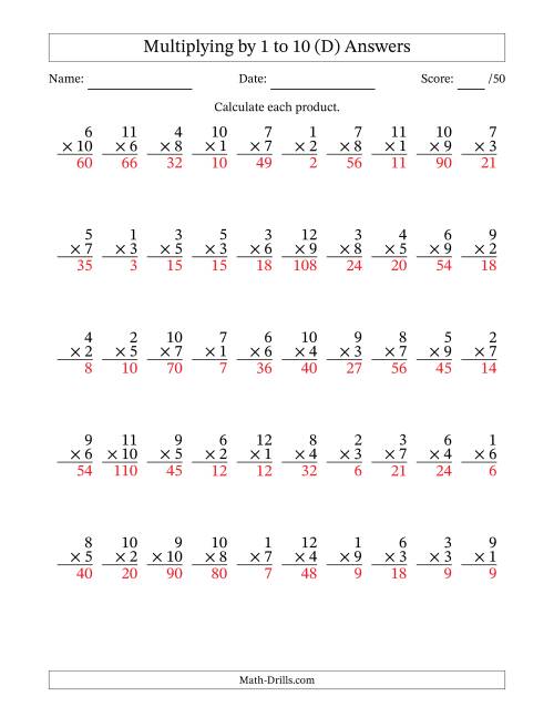 The Multiplying (1 to 12) by 1 to 10 (50 Questions) (D) Math Worksheet Page 2