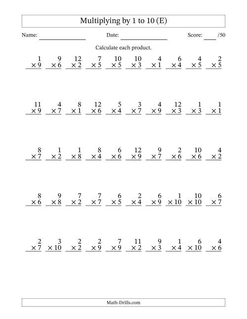 The Multiplying (1 to 12) by 1 to 10 (50 Questions) (E) Math Worksheet