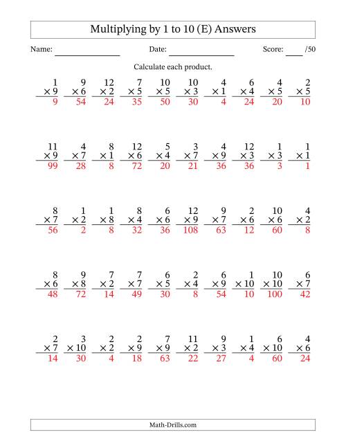 The Multiplying (1 to 12) by 1 to 10 (50 Questions) (E) Math Worksheet Page 2