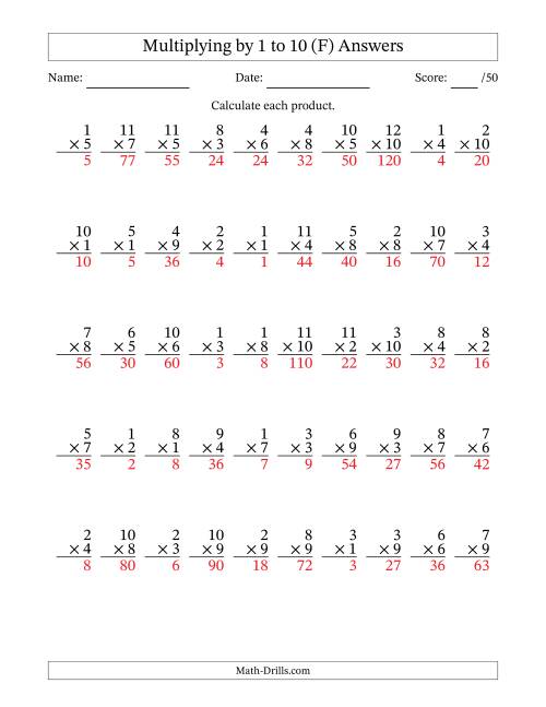 The Multiplying (1 to 12) by 1 to 10 (50 Questions) (F) Math Worksheet Page 2