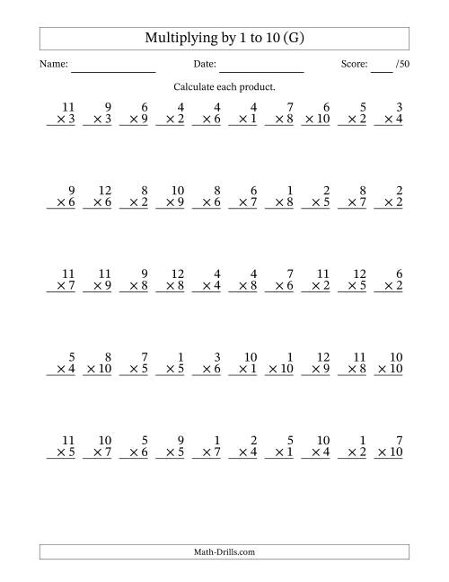 The Multiplying (1 to 12) by 1 to 10 (50 Questions) (G) Math Worksheet