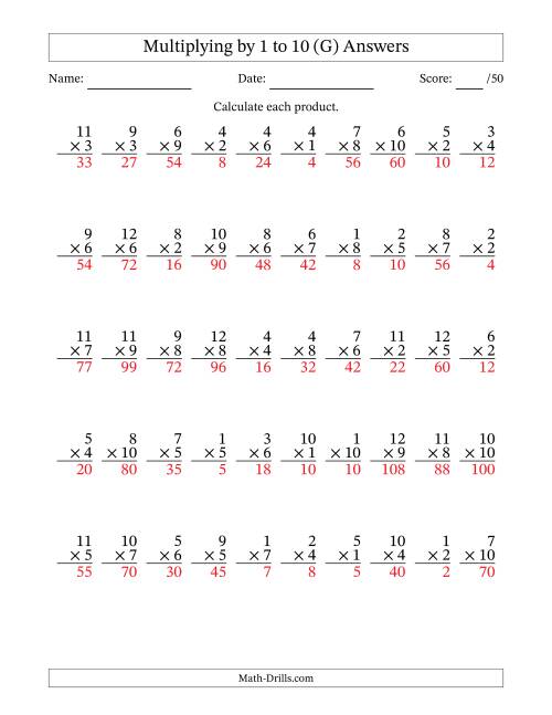 The Multiplying (1 to 12) by 1 to 10 (50 Questions) (G) Math Worksheet Page 2
