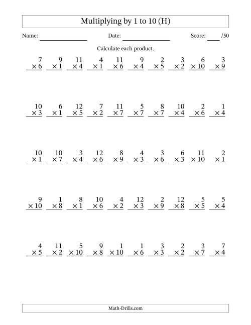 The Multiplying (1 to 12) by 1 to 10 (50 Questions) (H) Math Worksheet