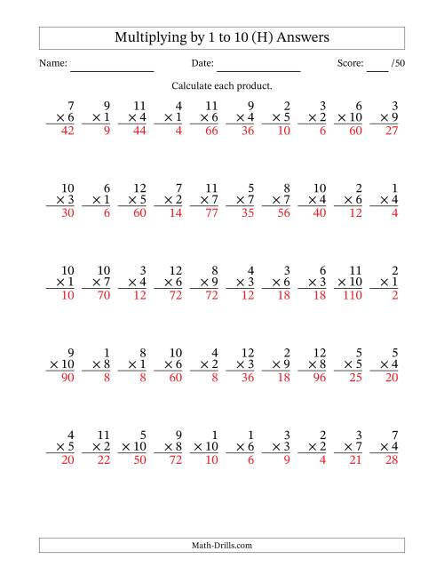 The Multiplying (1 to 12) by 1 to 10 (50 Questions) (H) Math Worksheet Page 2