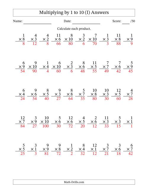 The Multiplying (1 to 12) by 1 to 10 (50 Questions) (I) Math Worksheet Page 2