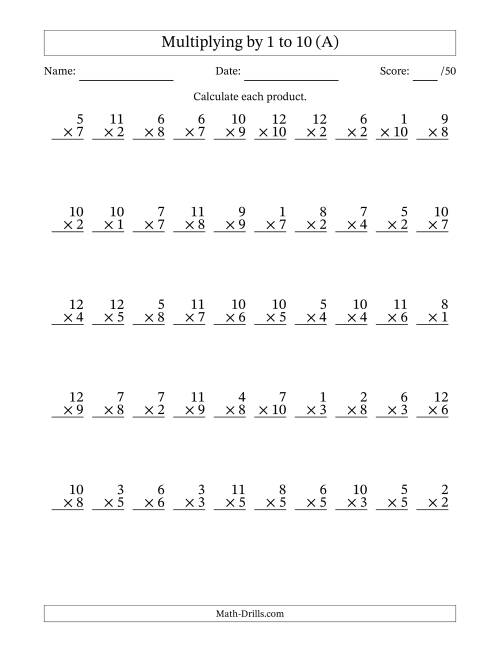 The Multiplying (1 to 12) by 1 to 10 (50 Questions) (All) Math Worksheet