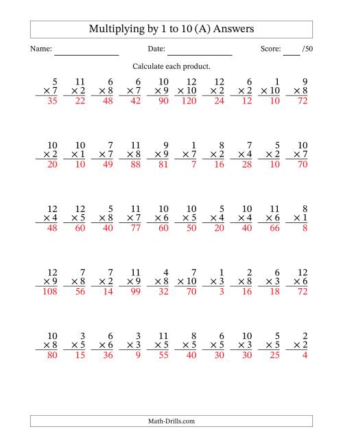 The Multiplying (1 to 12) by 1 to 10 (50 Questions) (All) Math Worksheet Page 2