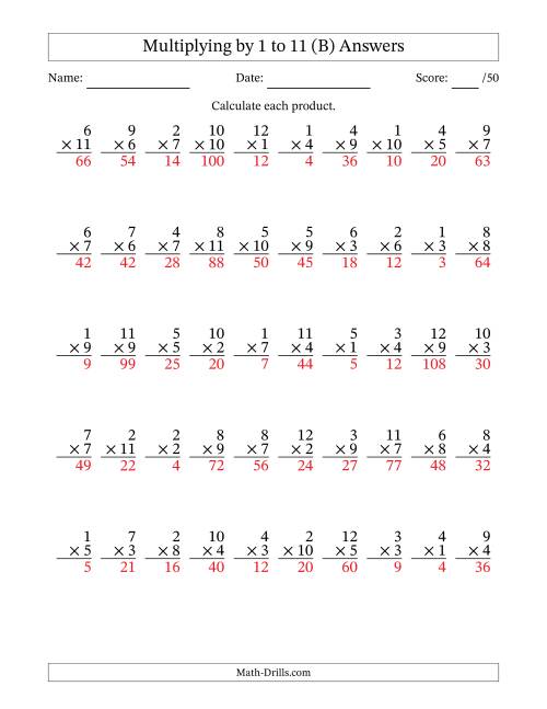 The Multiplying (1 to 12) by 1 to 11 (50 Questions) (B) Math Worksheet Page 2