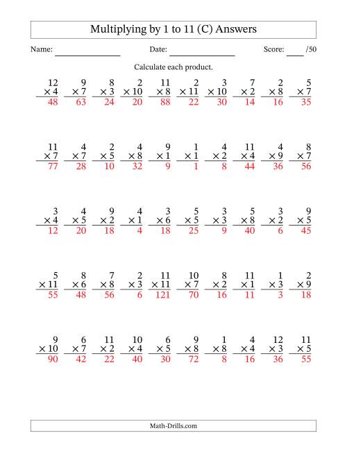 The Multiplying (1 to 12) by 1 to 11 (50 Questions) (C) Math Worksheet Page 2