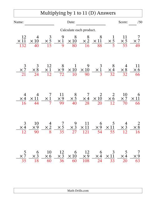 The Multiplying (1 to 12) by 1 to 11 (50 Questions) (D) Math Worksheet Page 2