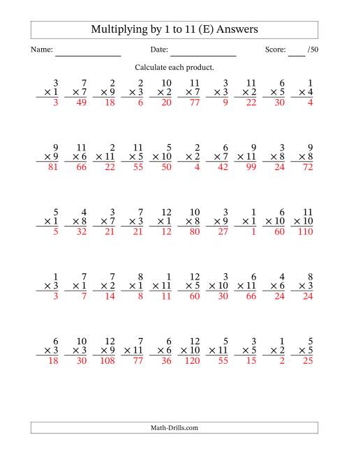 The Multiplying (1 to 12) by 1 to 11 (50 Questions) (E) Math Worksheet Page 2