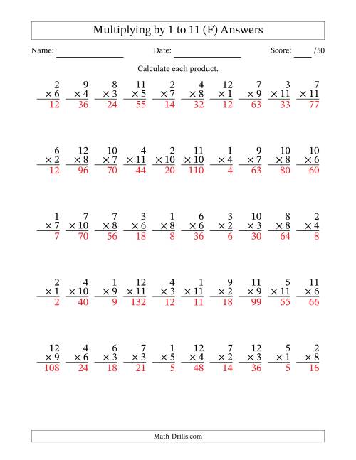 The Multiplying (1 to 12) by 1 to 11 (50 Questions) (F) Math Worksheet Page 2