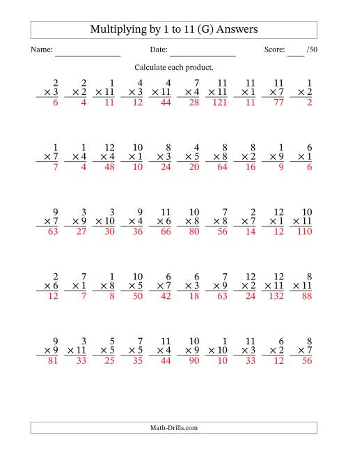The Multiplying (1 to 12) by 1 to 11 (50 Questions) (G) Math Worksheet Page 2