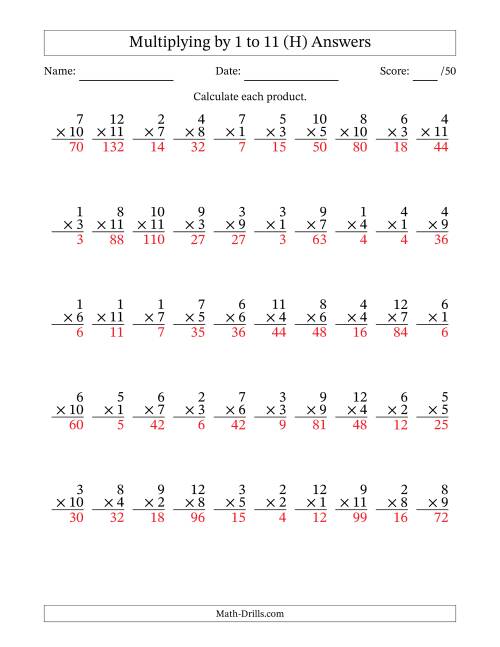 The Multiplying (1 to 12) by 1 to 11 (50 Questions) (H) Math Worksheet Page 2