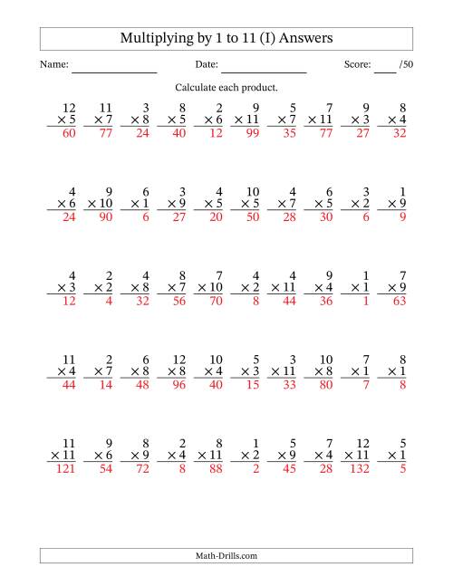 The Multiplying (1 to 12) by 1 to 11 (50 Questions) (I) Math Worksheet Page 2