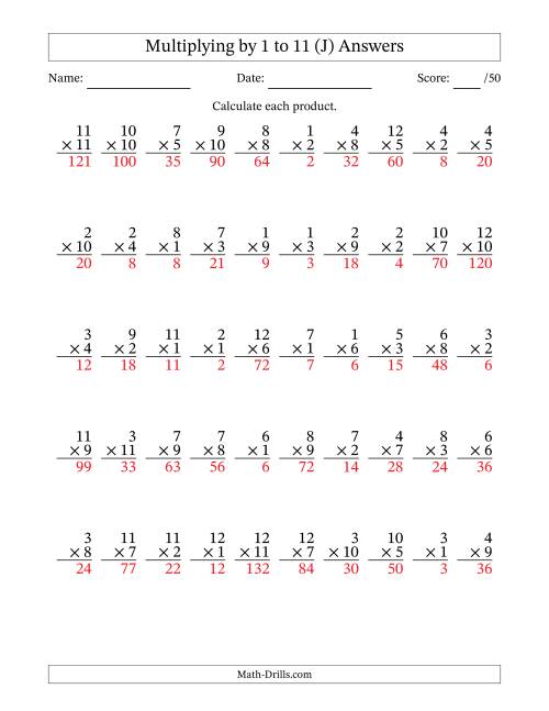 The Multiplying (1 to 12) by 1 to 11 (50 Questions) (J) Math Worksheet Page 2