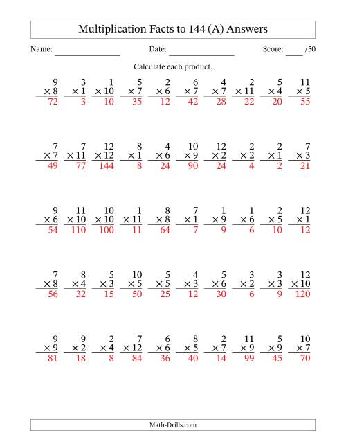The Multiplication Facts to 144 (50 Questions) (No Zeros) (A) Math Worksheet Page 2